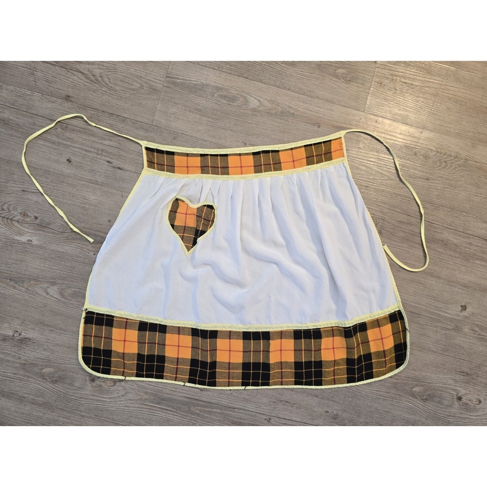 1970's Vintage‎ Handmade Apron Orange & Black Plaid Heart Pocket Soft Cotton